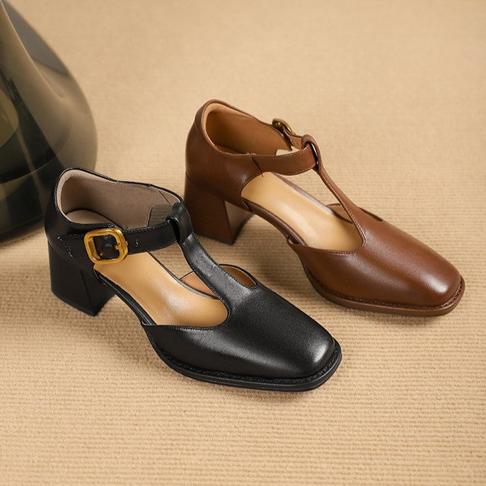 Vera square-toe T-strap leather pumps, both colors side by side