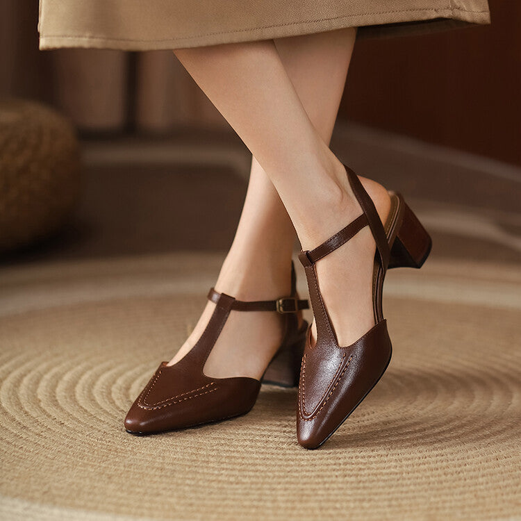 Chestnut Noir leather T-strap heel with pointed toe, three-quarter view