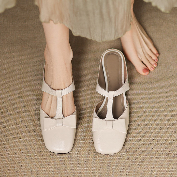 Penelope | Bow T-Bar Leather Heeled Mules