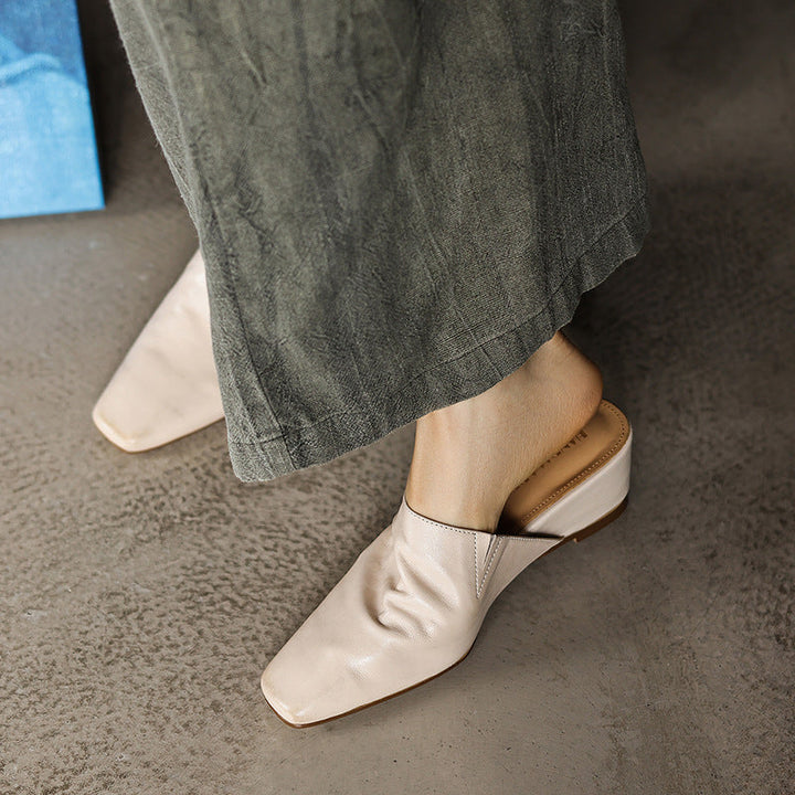 Women's square-toe leather wedge mules, front view