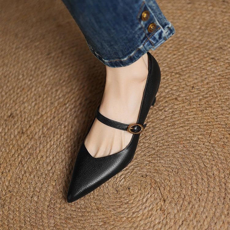 Rosalie kitten heels worn with tailored trousers