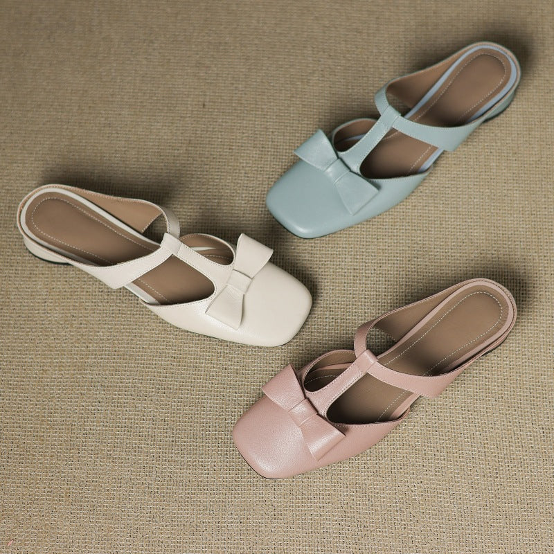 Penelope | Bow T-Bar Leather Heeled Mules