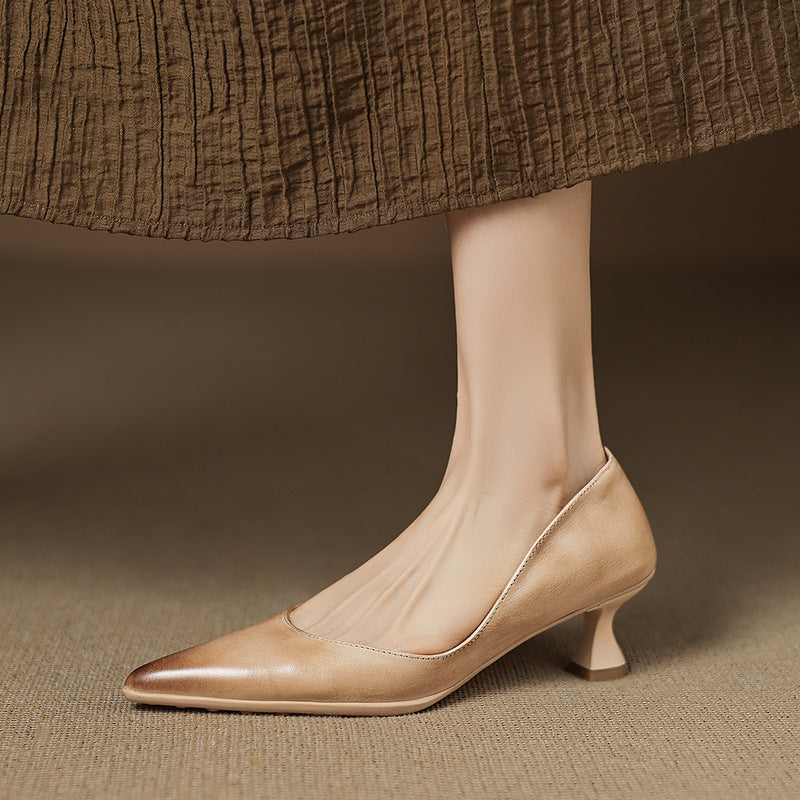 Close-up of smooth cowhide leather on a pointed kitten heel