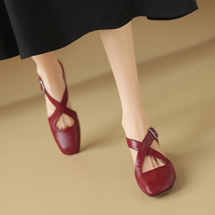 Ramona heels, close-up of sculpted cross-strap