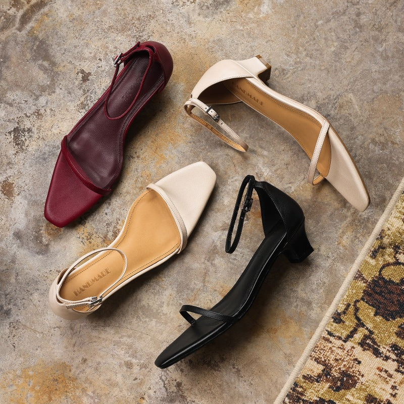 Loraine | Square-Toe Leather Ankle-Strap Sandal Heels