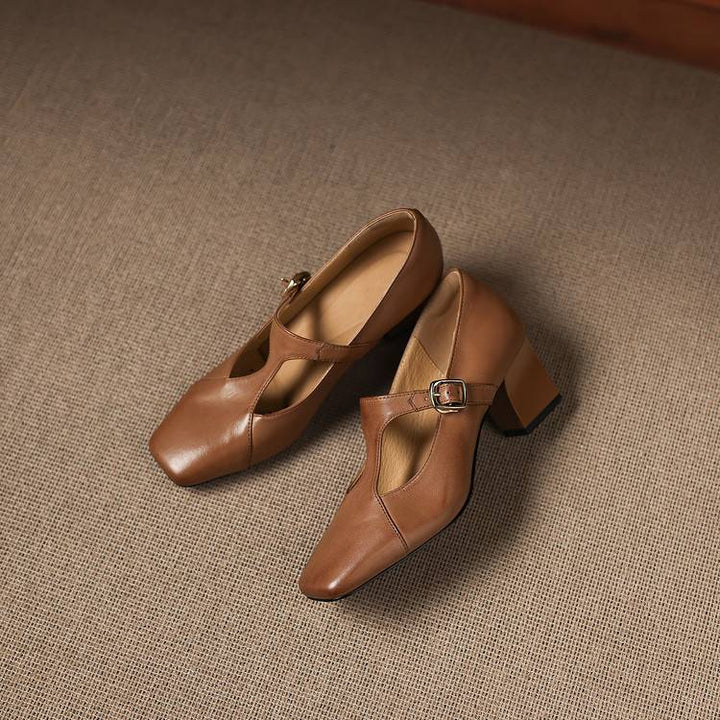 Sole and heel detail of Doris square-toe leather T-bar heels