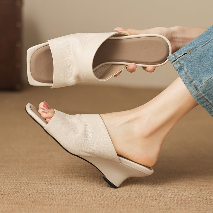 Sand Camel leather wedge mule, side view of 2.25-inch wedge