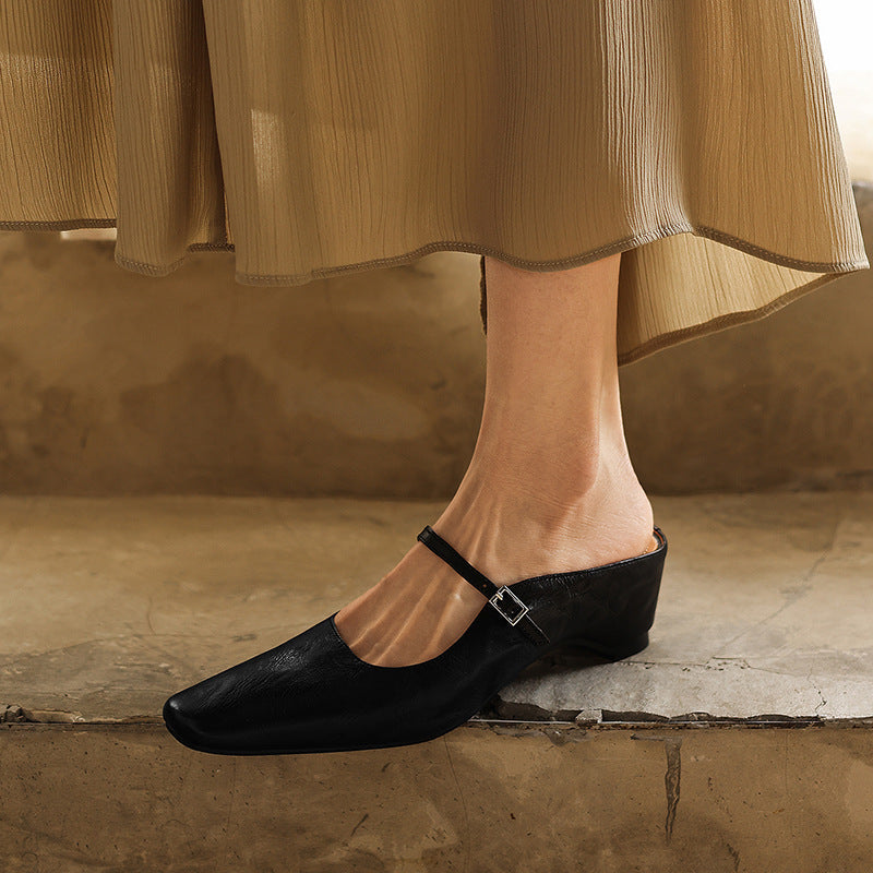 Camille | Square-Toe Leather Heeled Mules