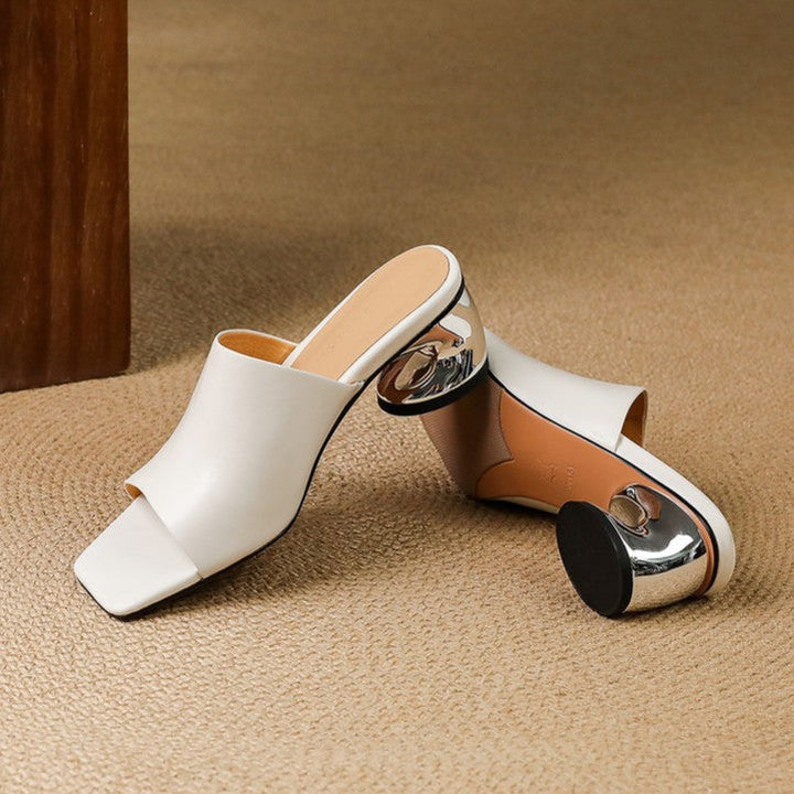 Sculpted-heel leather mules, top view of Ivory Veil pair