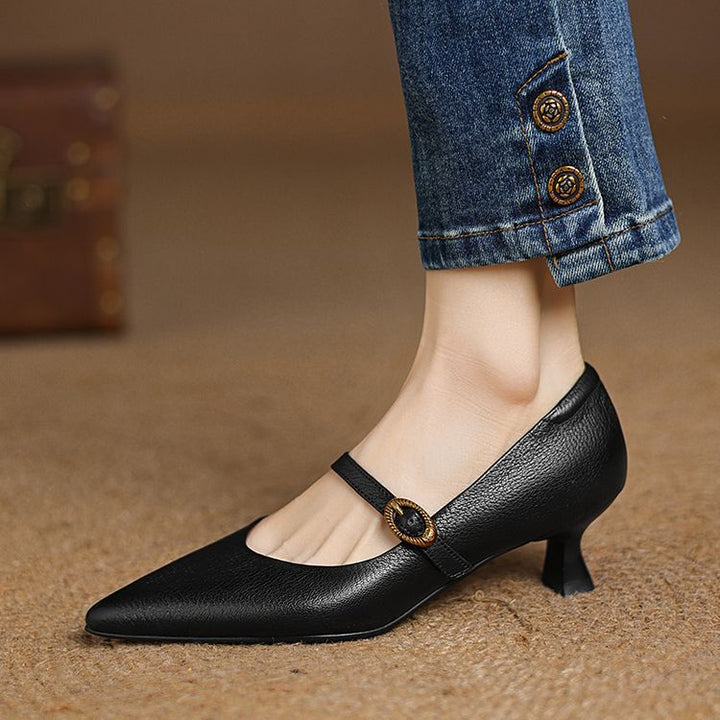 Noir Black Mary-Jane kitten heels, angled studio shot