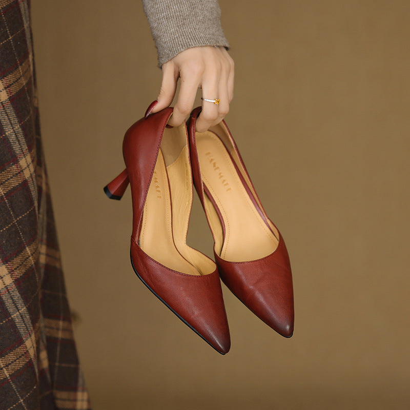 Gretchen pointed leather mid-heel pumps, all three colors