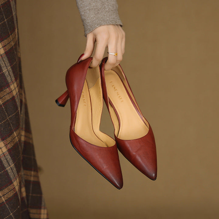 Gretchen pointed leather mid-heel pumps, all three colors