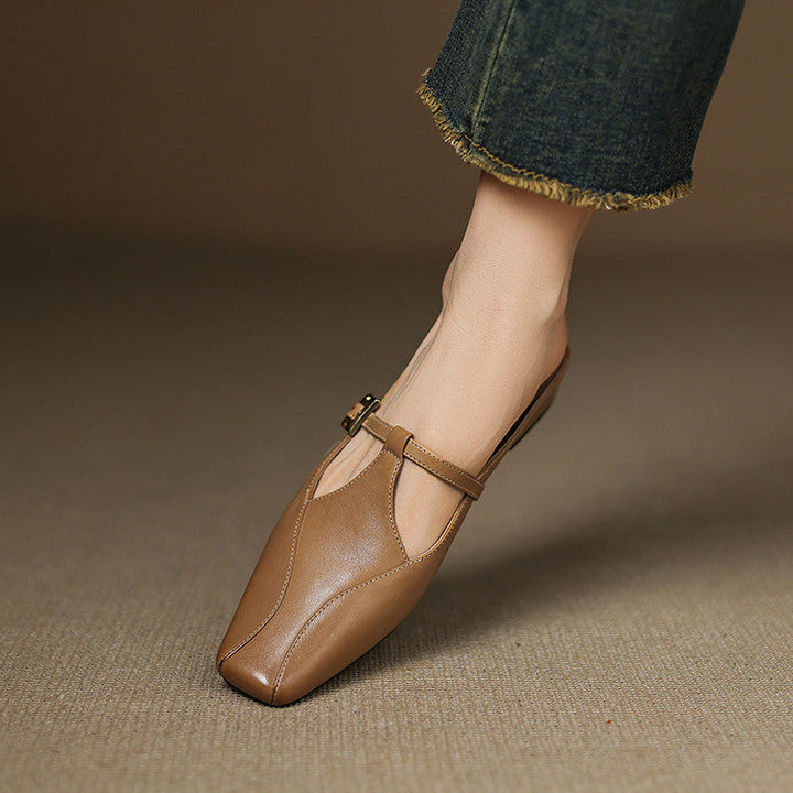 Square-toe leather heeled mules, top view of Caramel Tan pair