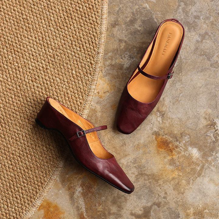 Camille | Square-Toe Leather Heeled Mules