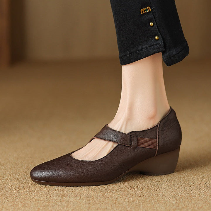 Close-up of wedge heel on Suzanne leather Mary-Janes