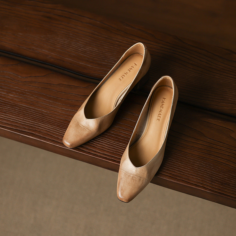 Top-down view of a square-toe leather pump
