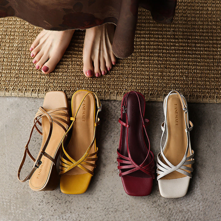 Deep Merlot leather sandal heels, angled studio shot