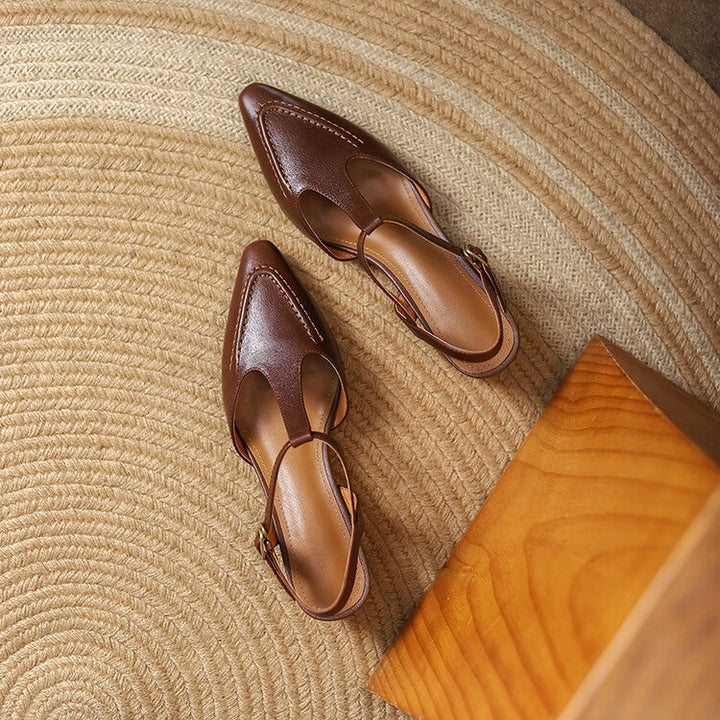 Pointed leather T-strap heels, top view of Chestnut Noir pair