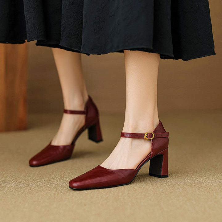 Bordeaux Rouge lambskin d'Orsay heel with ankle strap, three-quarter view