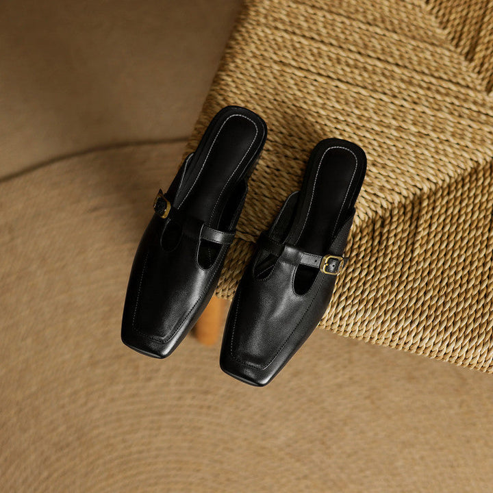 Edith | Square-Toe T-Strap Leather Mules
