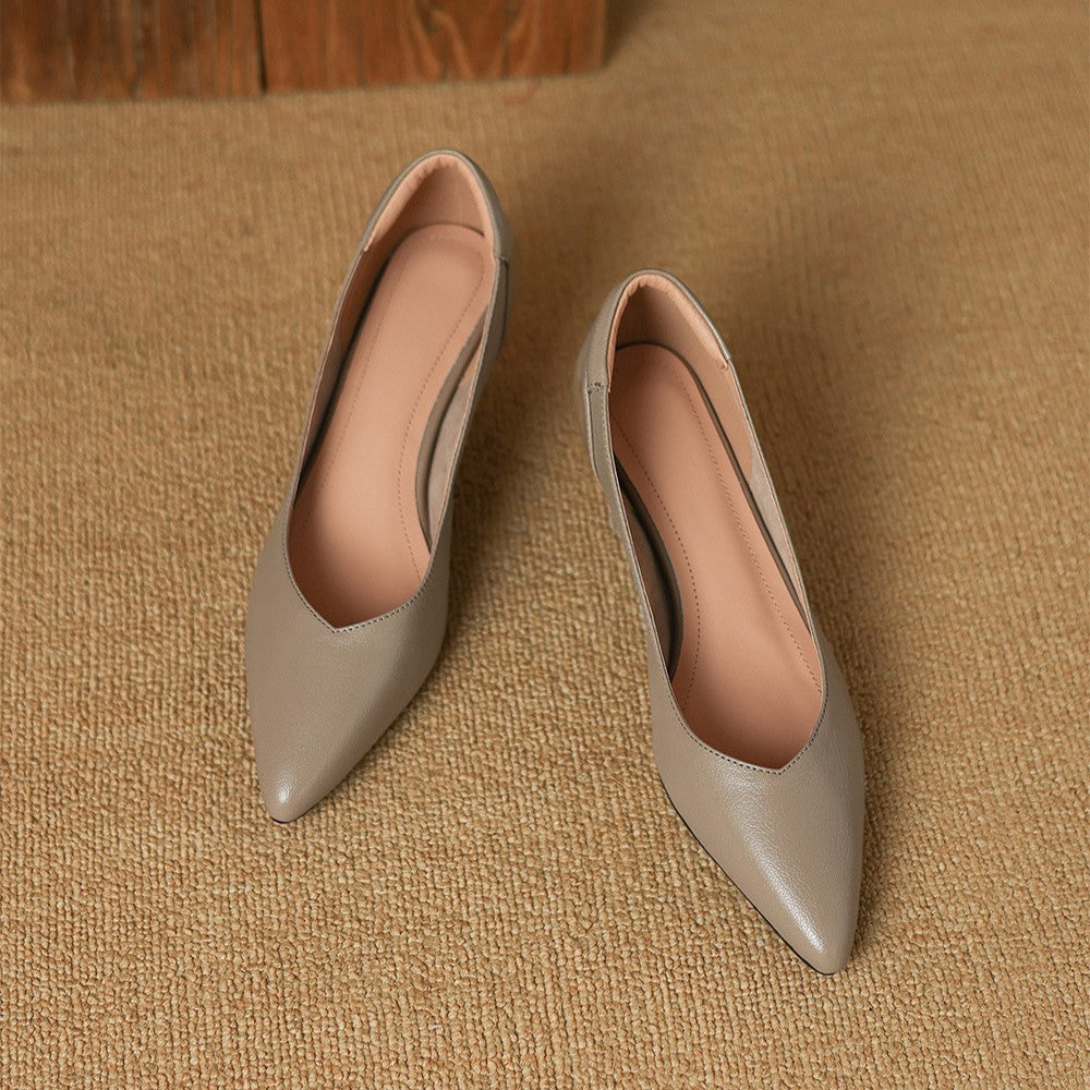 Pointed leather kitten-heel pumps, top view of Taupe Ash pair