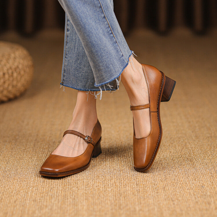 Antoinette square-toe leather Mary-Jane heel, three-quarter view