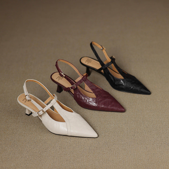 Estelle | Pointed Leather T-Bar Slingback Heels