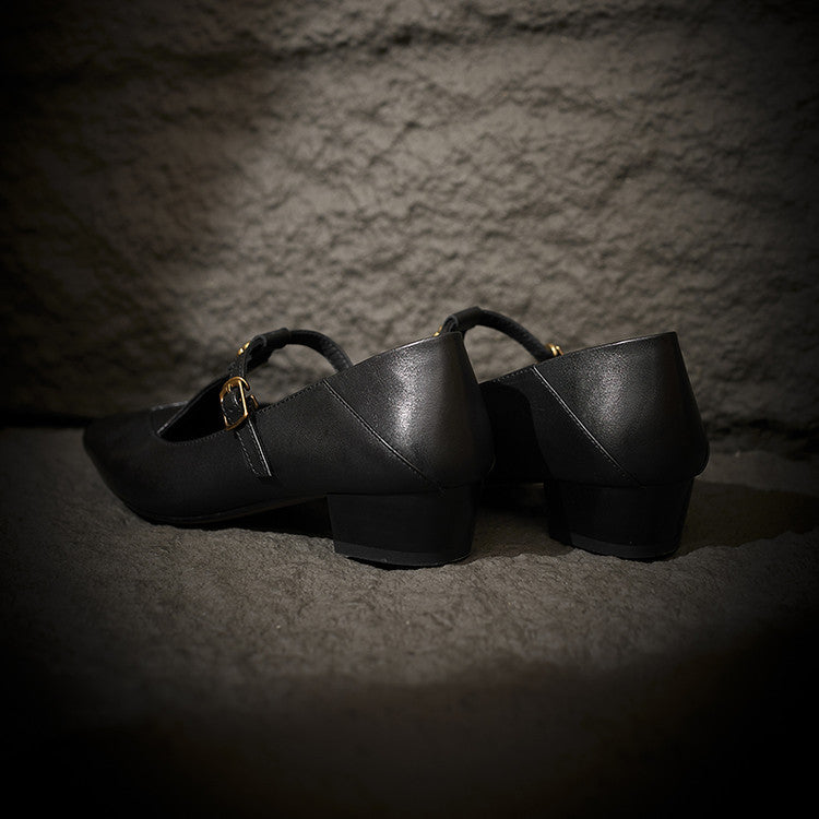 Corinne | T-Strap Leather Block Pumps