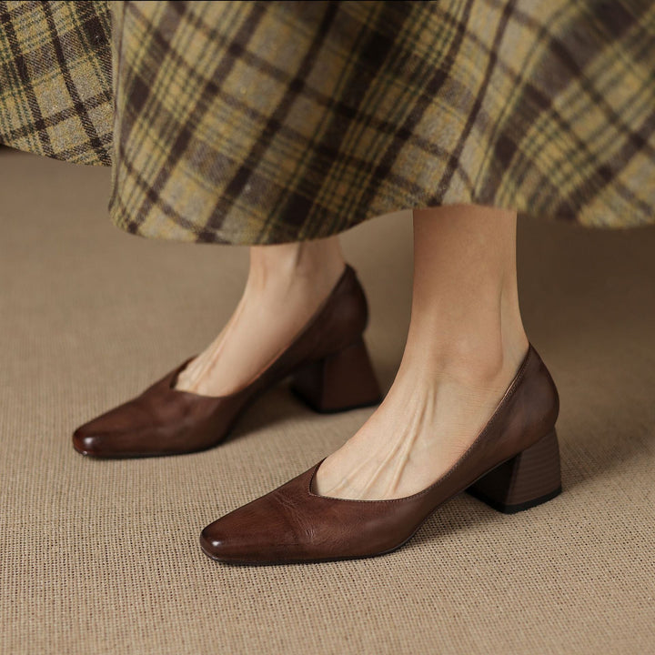 Square-toe leather pump, angled block-heel view