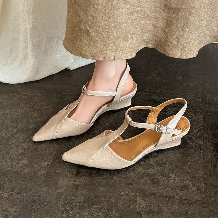 Phoebe pointed leather T-bar wedge heels, all three colors