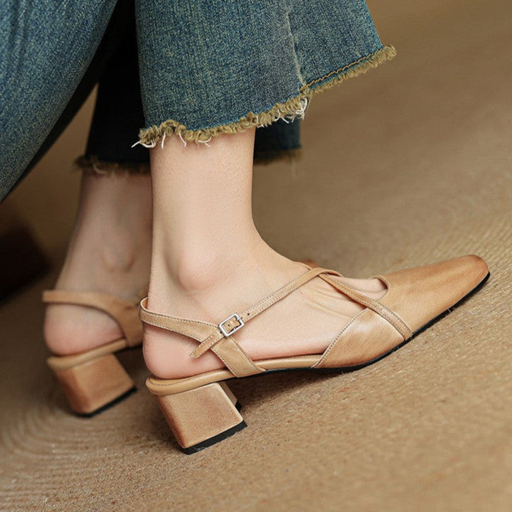 Top-down view of a square-toe leather slingback
