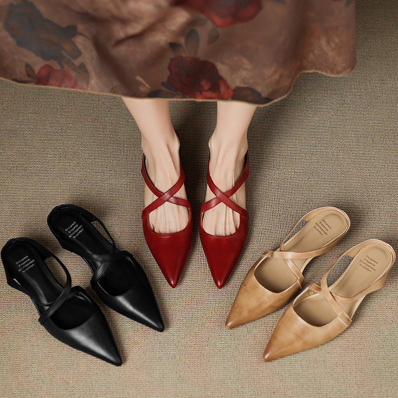 Cross-strap leather mules, top view of Crimson Red pair