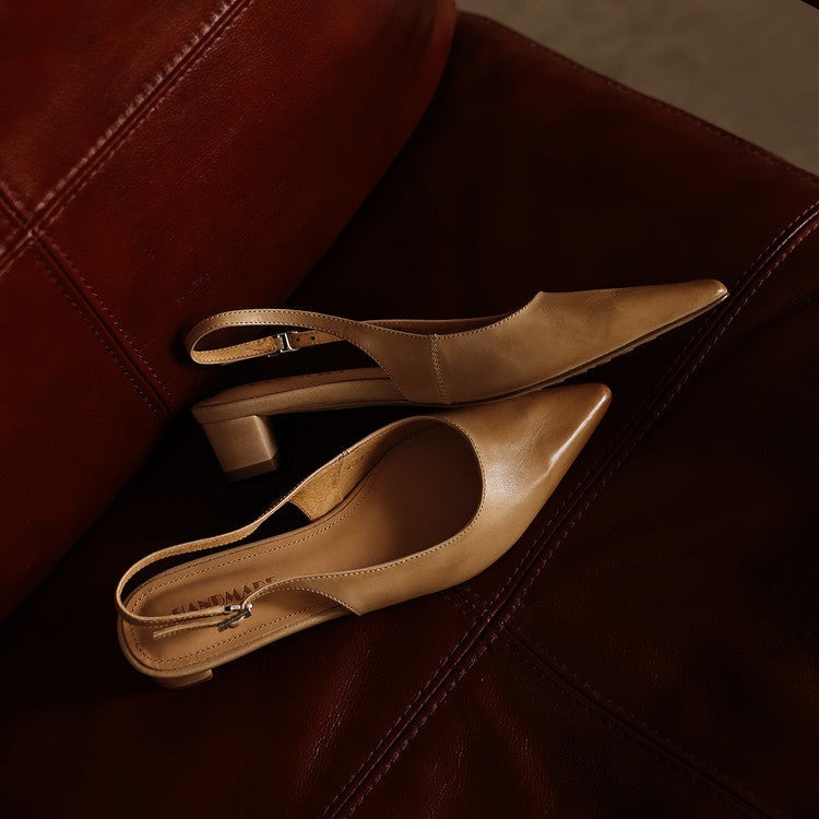 Women's pointed leather slingback heels shown as a pair