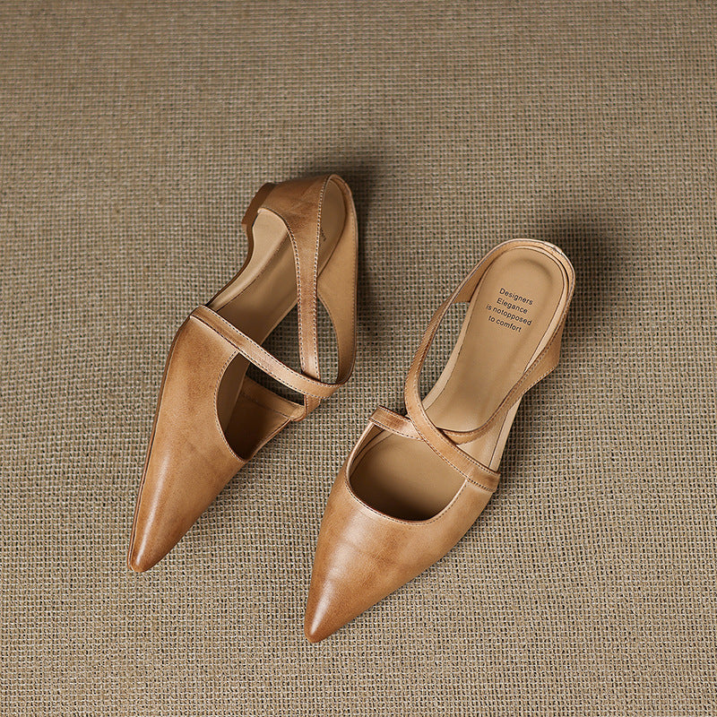 Ingrid mules, front view in Almond Beige