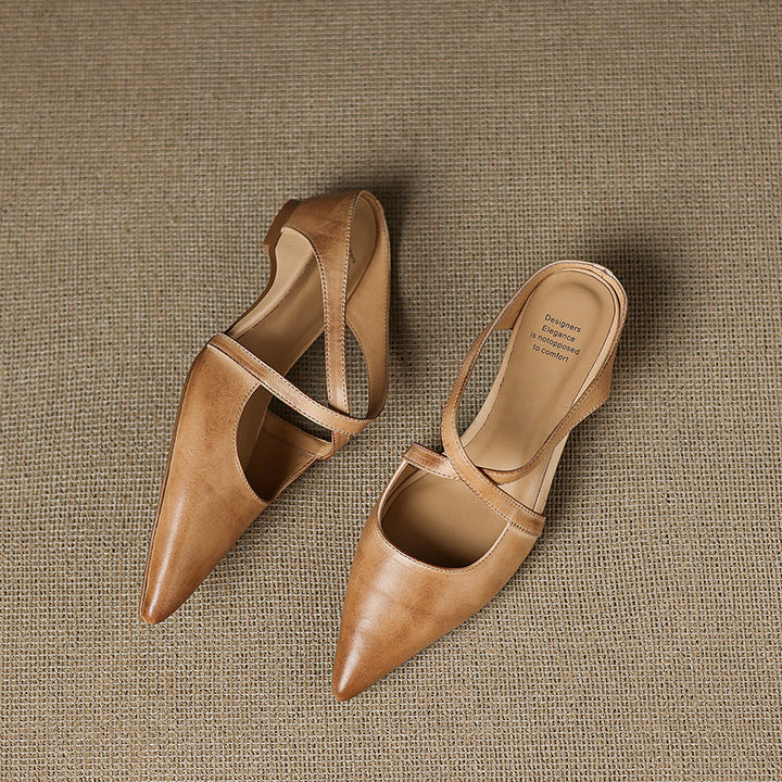 Ingrid mules, front view in Almond Beige