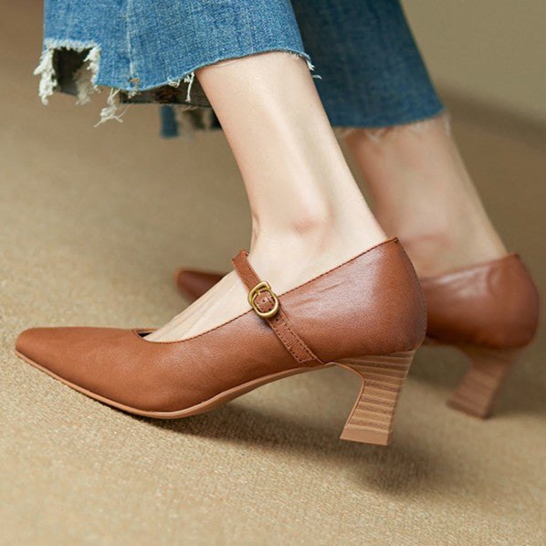 Wine Red leather Mary-Jane pump, side view of 2.25-inch block heel