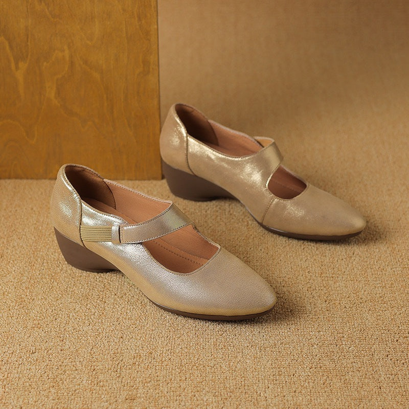 Leather Mary-Jane wedge heels, top view of Soft Champagne pair