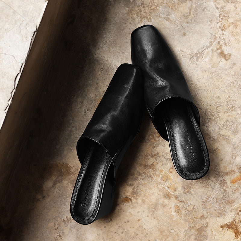 Genevieve | Square-Toe Leather Wedge Mules