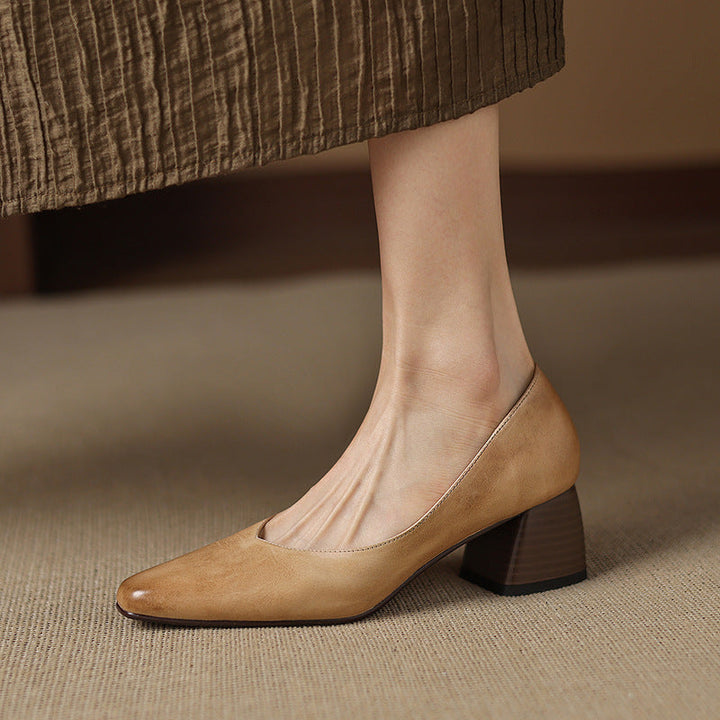 Square-toe leather pump, back view showing the 2-inch block heel