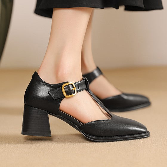 Chestnut Terra leather T-strap pump, side view of 2-inch block heel