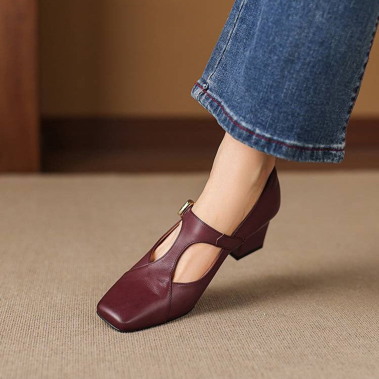 Chestnut Tan leather T-bar heel, side view of 2.4-inch block heel