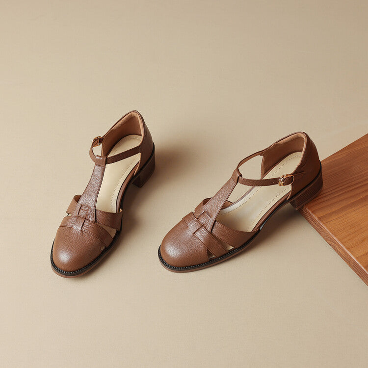 Cutwork leather T-bar heels, top view of Chestnut Brown pair