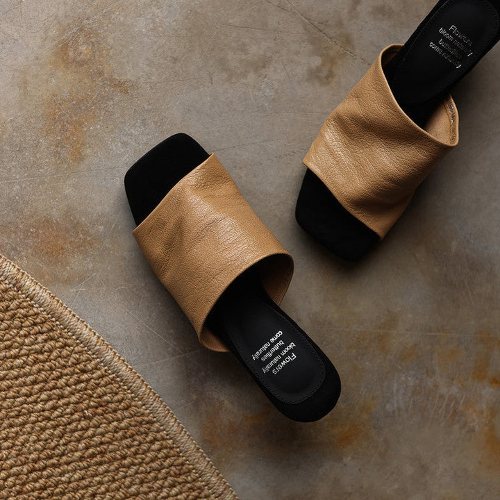 Wide-strap leather heeled sandal mules, top view of Warm Caramel pair