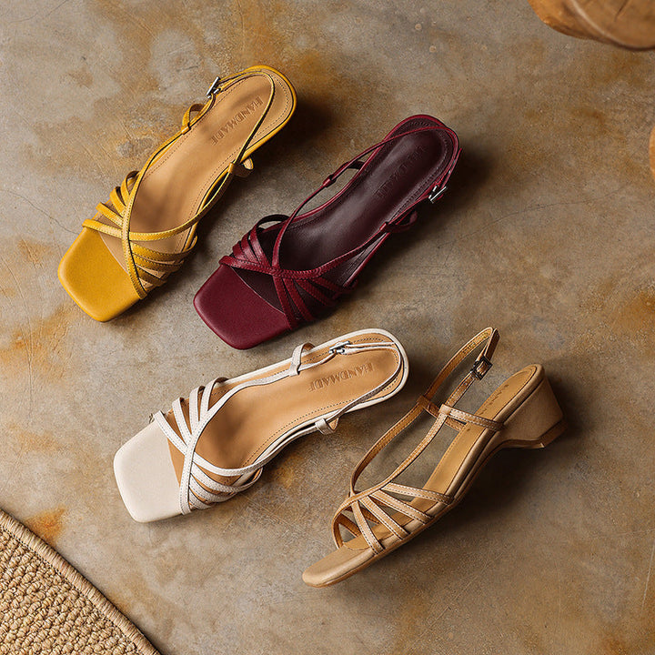 Sandra | Strappy Square-Toe Leather Sandal Heels