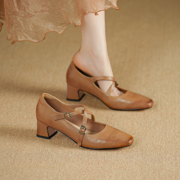 Cognac Brown leather Mary-Jane heel with crossed buckle straps, three-quarter view