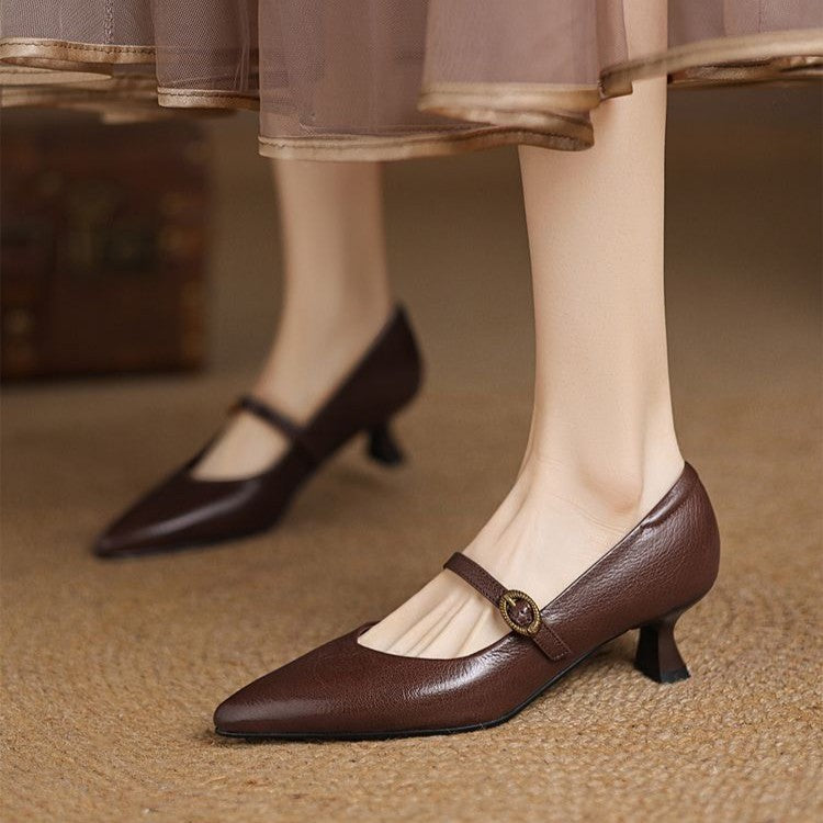 Espresso Brown lambskin Mary-Jane kitten heel with strap, three-quarter view