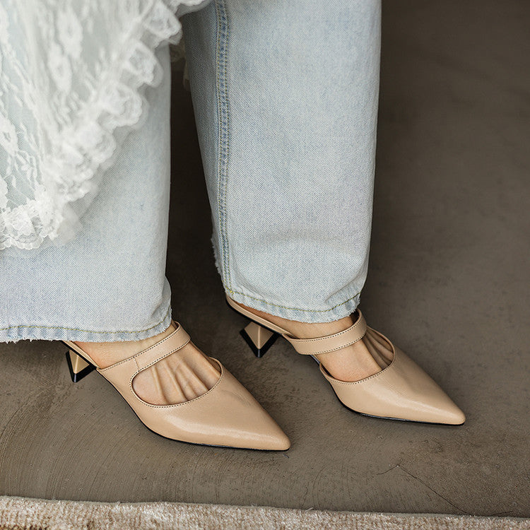 Bare Almond leather heeled mules, angled studio shot