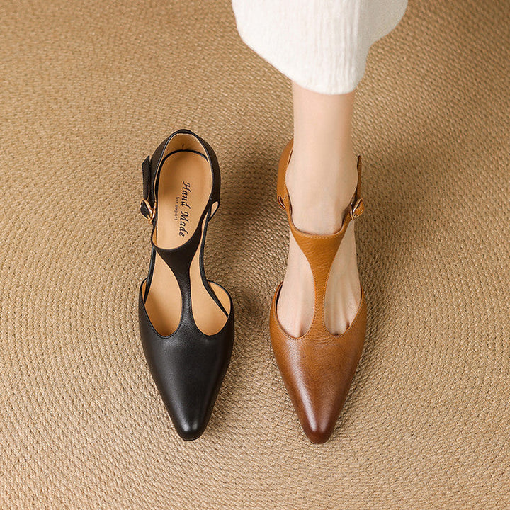 Pointed leather T-bar heels, top view of Chestnut Brown pair