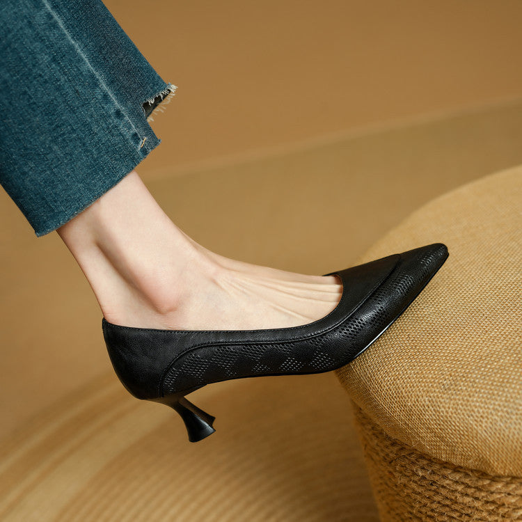 Women's pointed leather heels, front view