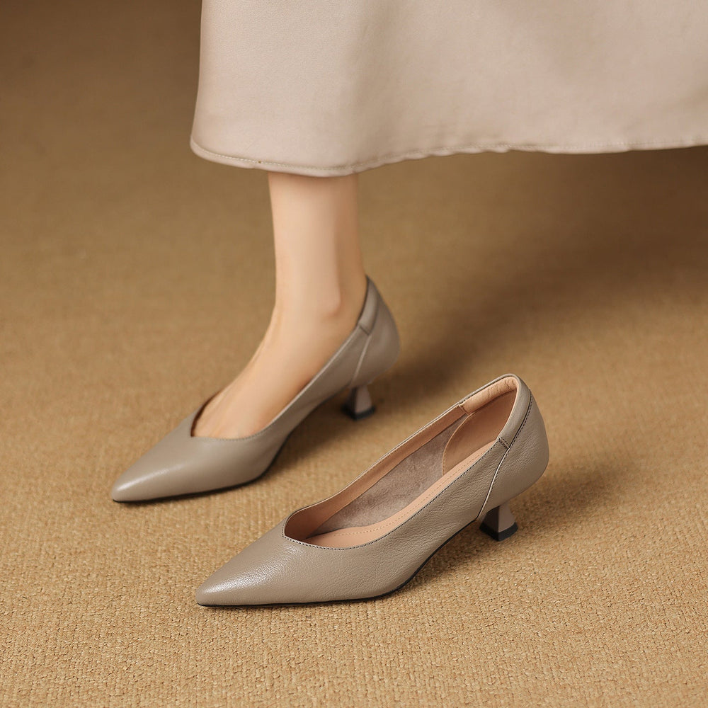 Taupe Ash lambskin kitten-heel pump with pointed toe, three-quarter view